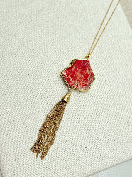One of a Kind Gold Red Sea Jasper Pendant Tassel Necklace