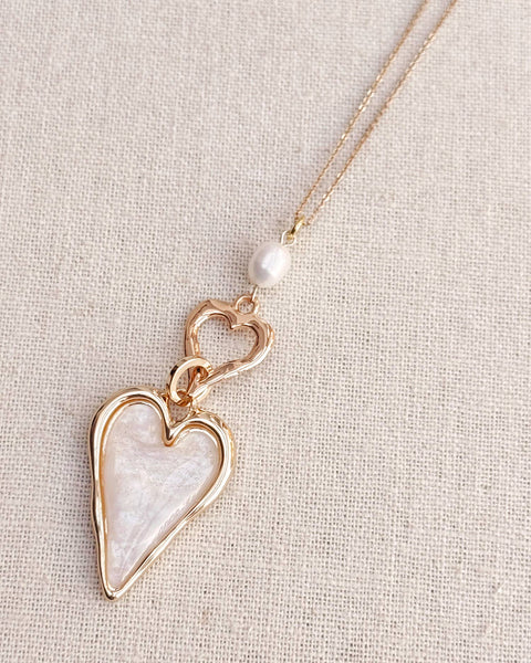 Gold Double-Sided Heart Necklace Pearl & Resin - Gracie Rosie
