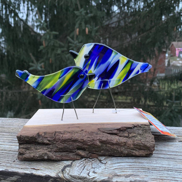 Figurine - Double Birds on Wood: Blue Yellow and White