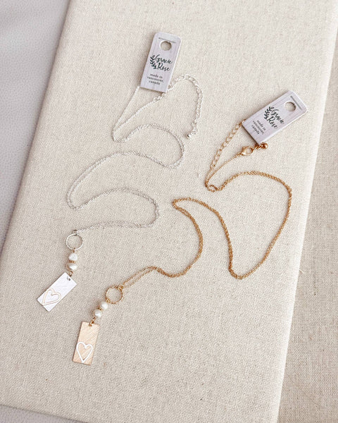 Two Tone Gold & Silver Pearl Heart Tag Necklace: Yellow Gold