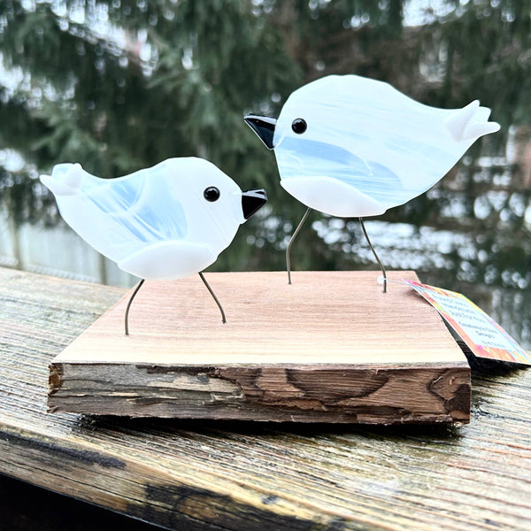 Figurine - Double Birds on Wood: Blue Yellow and White