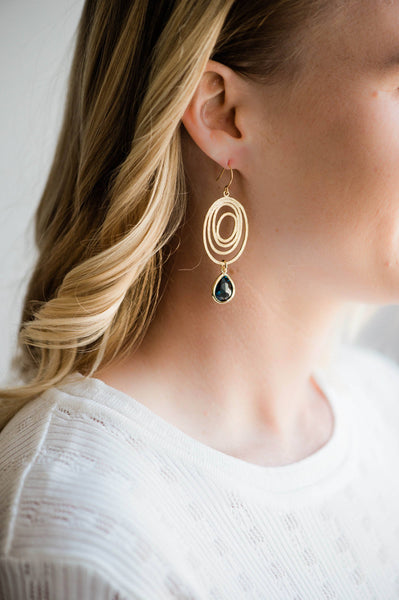 Earrings - Modern Oval Swirl - Navy Blue Glass Jewel