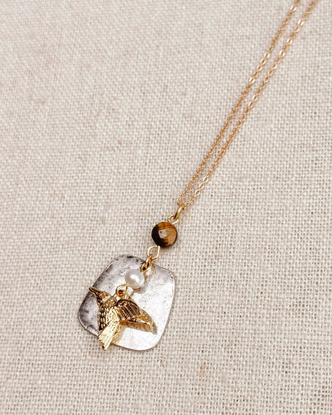 Tiger’s Eye Freshwater Pearl Hummingbird Necklace