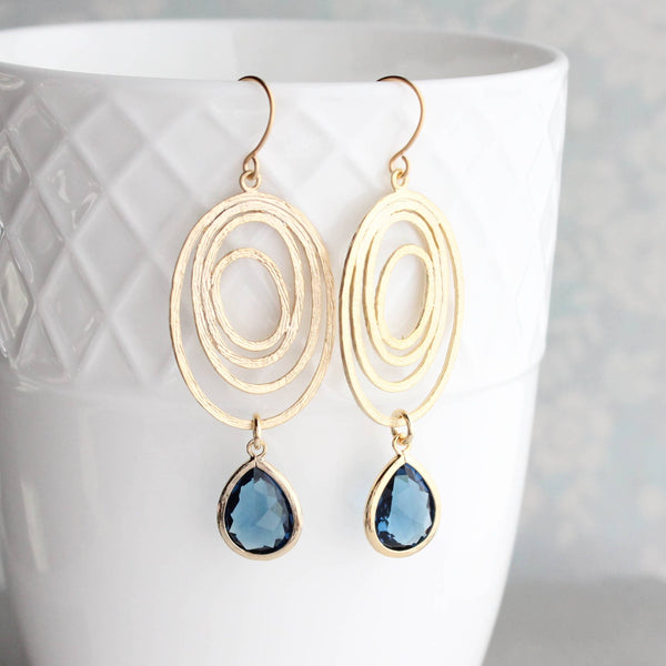 Earrings - Modern Oval Swirl - Navy Blue Glass Jewel