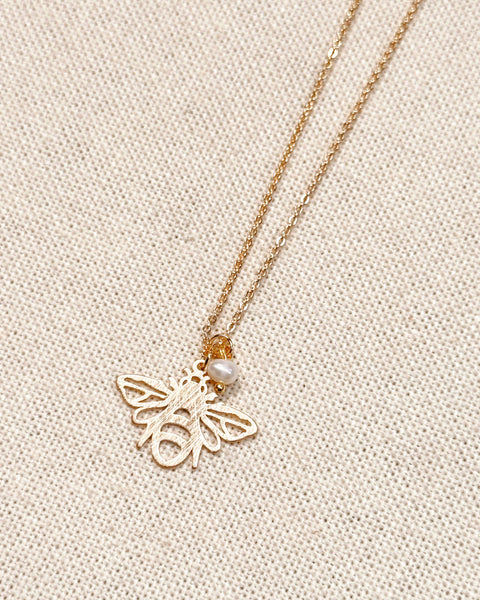 Textured Brass Bee Gold Charm Necklace