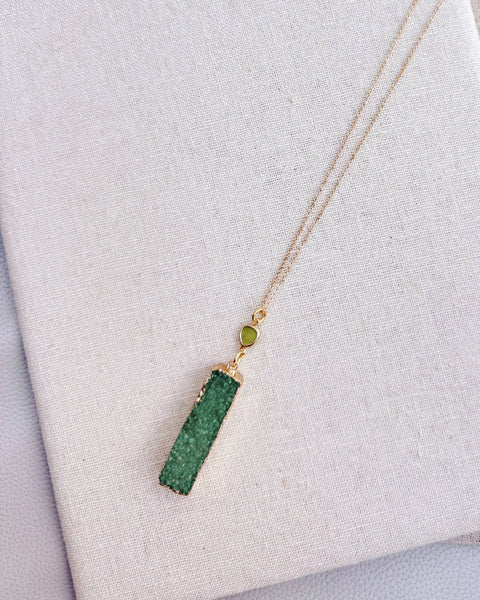 Green Druzy Quartz Pendant Long Necklace - Gracie Rose
