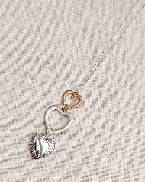 Two Tone Triple Heart Locket Pendant Layering Necklace