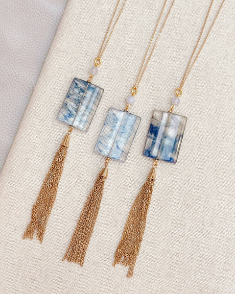 Blue Quartz Rectangle Tassel Necklace – Long Chain: B