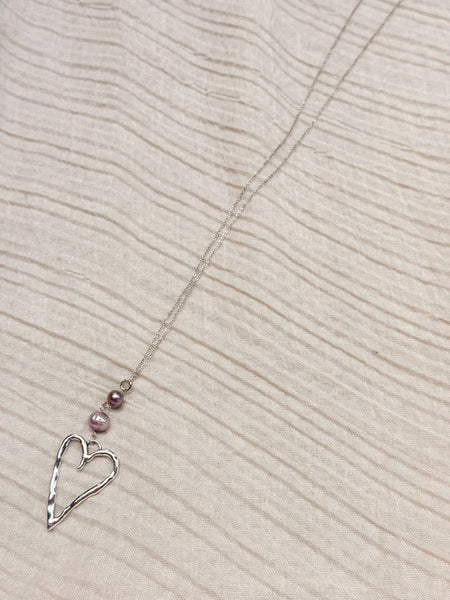 Pearl & Silver Heart Outline Pendant Necklace