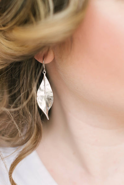 Earrings - Long Curled Leaf - Matte Silver