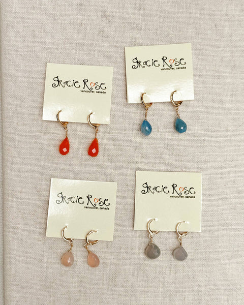 Blue Chalcedony Teardrop Stone Gold Hoop Huggie Earrings
