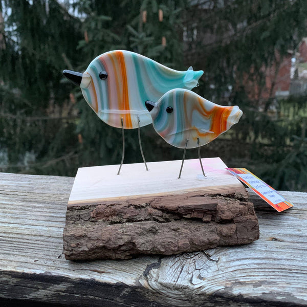 Figurine - Double Birds on Wood: Blue Yellow and White