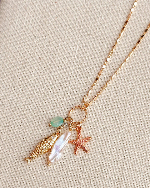 Fish Charm Necklace Keshi Pearl Chalcedony Gold