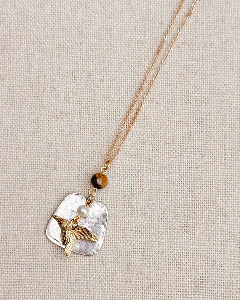 Tiger’s Eye Freshwater Pearl Hummingbird Necklace