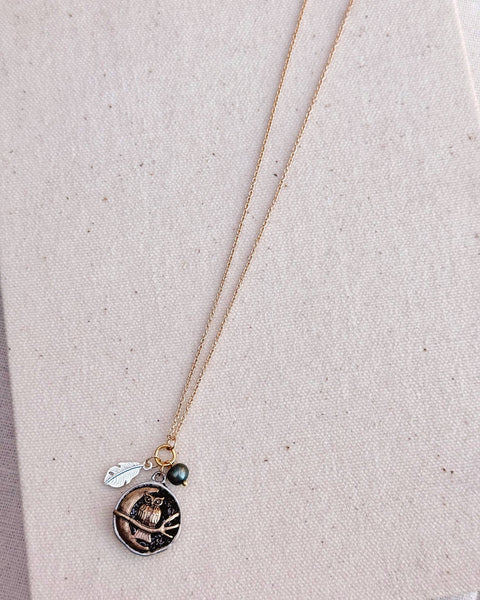Owl and Moon Pearl Talisman Charm Necklace