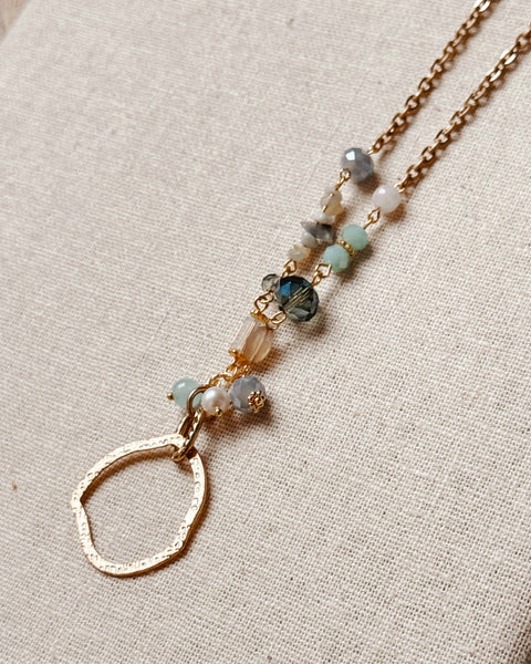 Gold Pearl & Blue Mixed Stone Circle Necklace