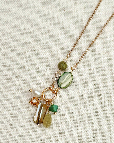 Green Garnet & Pearl Cluster Necklace