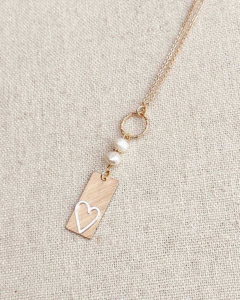 Two Tone Gold & Silver Pearl Heart Tag Necklace: Yellow Gold