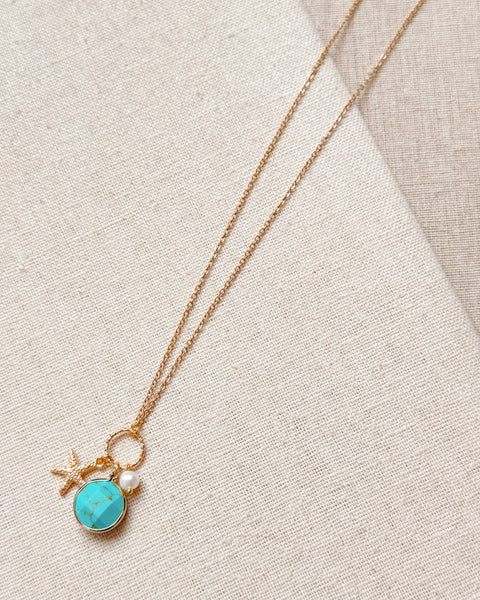 Gold Turquoise Starfish Cluster Charm Necklace
