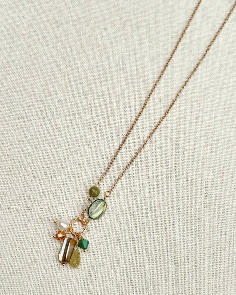 Green Garnet & Pearl Cluster Necklace