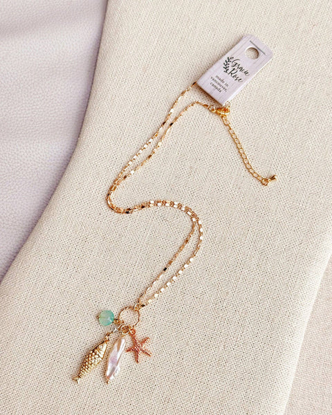 Fish Charm Necklace Keshi Pearl Chalcedony Gold
