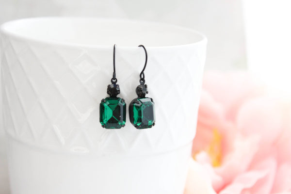 Earrings - Vintage Glass Jewels - Emerald  Green