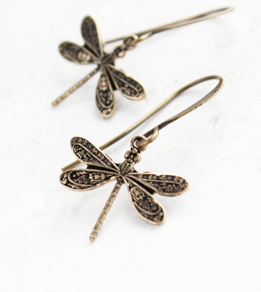 Earrings - Little Antiqued Gold Dragonfly