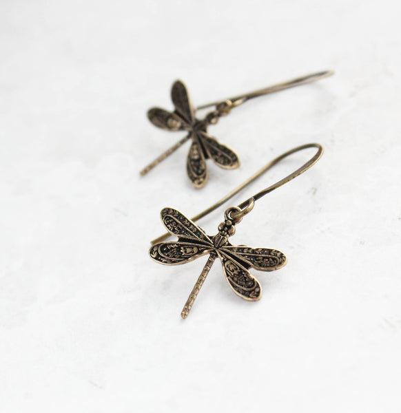 Earrings - Little Antiqued Gold Dragonfly