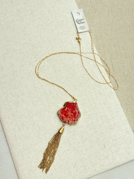 One of a Kind Gold Red Sea Jasper Pendant Tassel Necklace