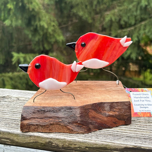 Figurine - Double Birds on Wood: Blue Yellow and White