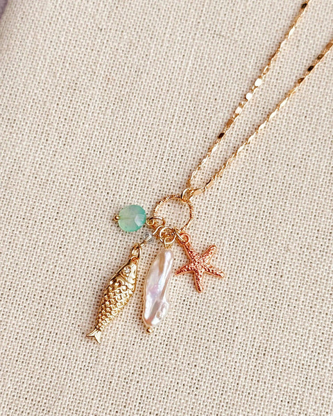 Fish Charm Necklace Keshi Pearl Chalcedony Gold