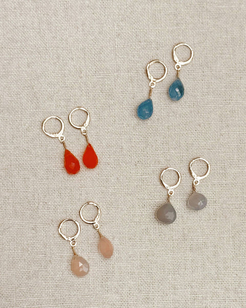 Blue Chalcedony Teardrop Stone Gold Hoop Huggie Earrings