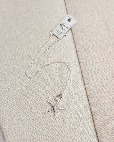 Beachy Rhodium Freshwater Pearl Starfish Charm Necklace