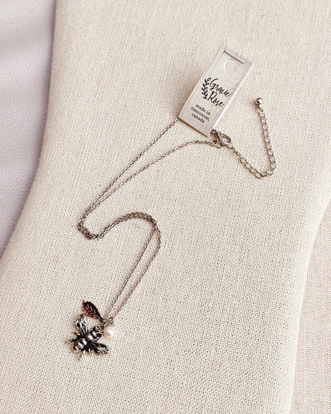 Antique Silver Bee Necklace Pearl Leaf Charm