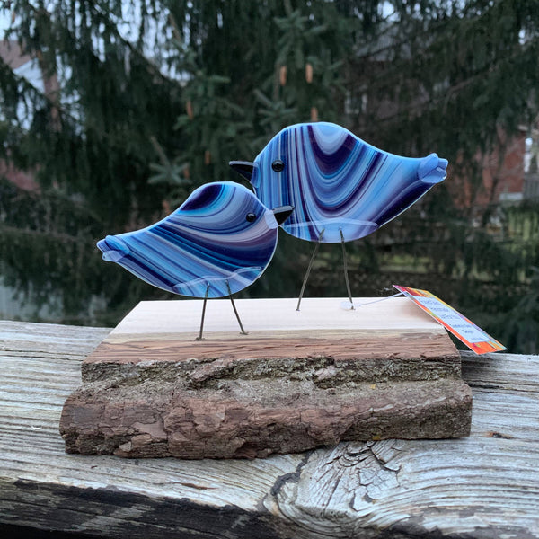 Figurine - Double Birds on Wood: Blue Yellow and White