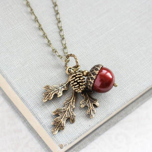 Pearl Acorn And Branch Necklace - Red Pearl - A Pocket of Posies
