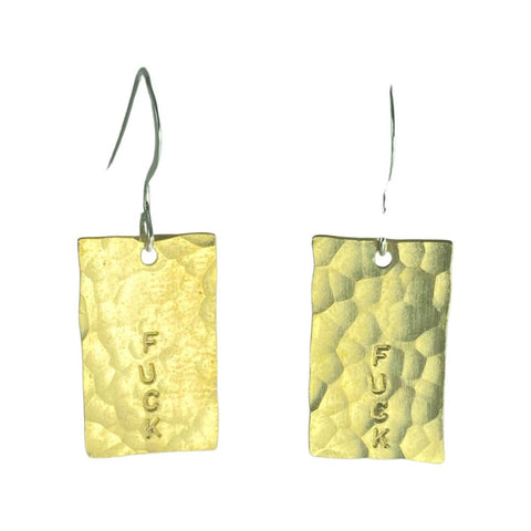 Fuck 1/2" X 3/4" Rectangle Earring 6hb in Hammered  Brass
